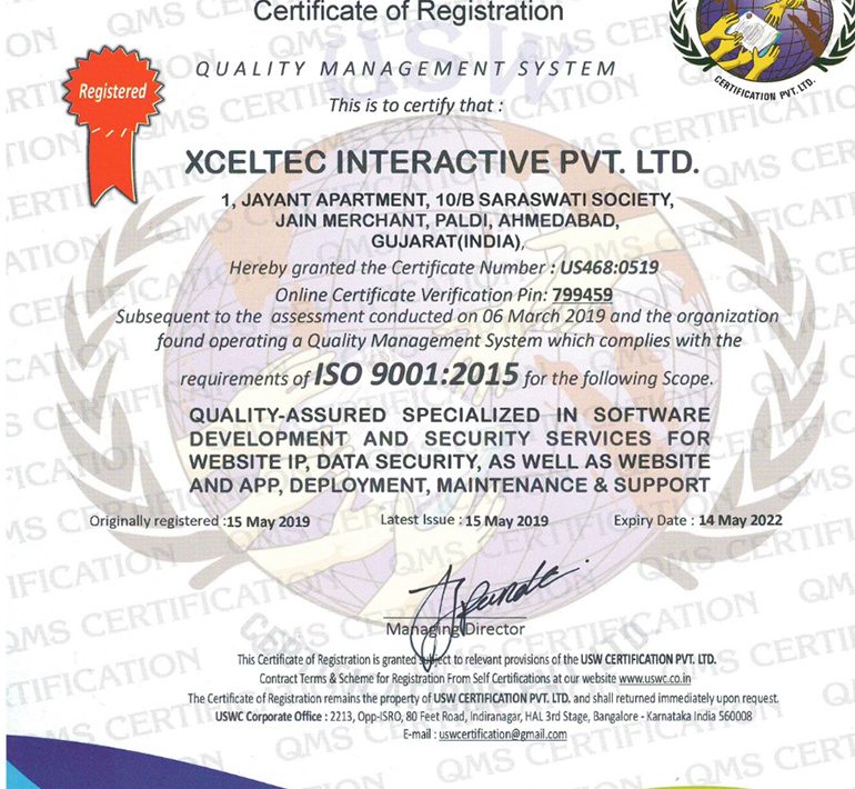 XcelTec – ISO 9001-2015 Certified Organization